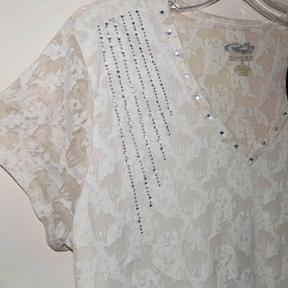 NWT Roper embellished tunic L Horses Burnout Beige V-neck Short sleeve Long Top